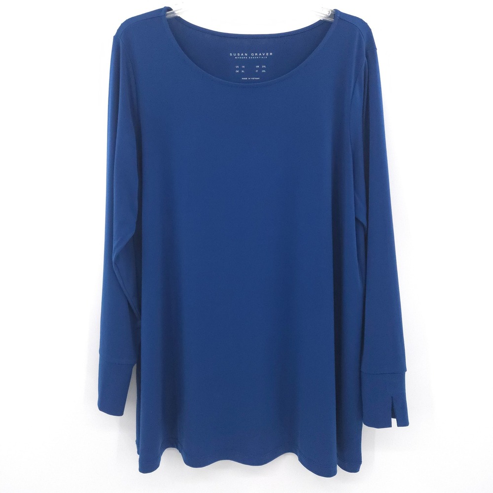Susan‎ Graver Liquid Knit Tunic Top Women 1X Blue Long Sleeve Split Cuff stretch